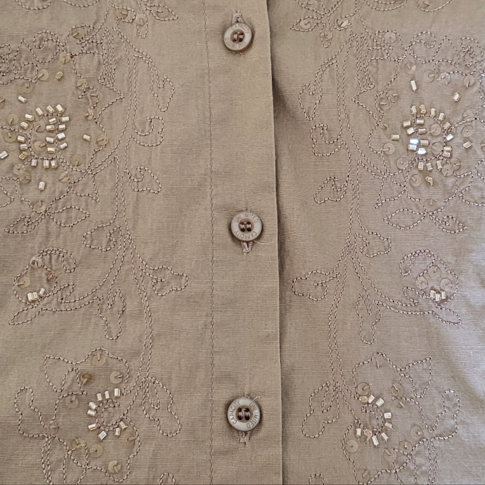 Women's Slim Fit Button Down 3/4 Sleeves Shirt Beige S - Picture 2 of 7
